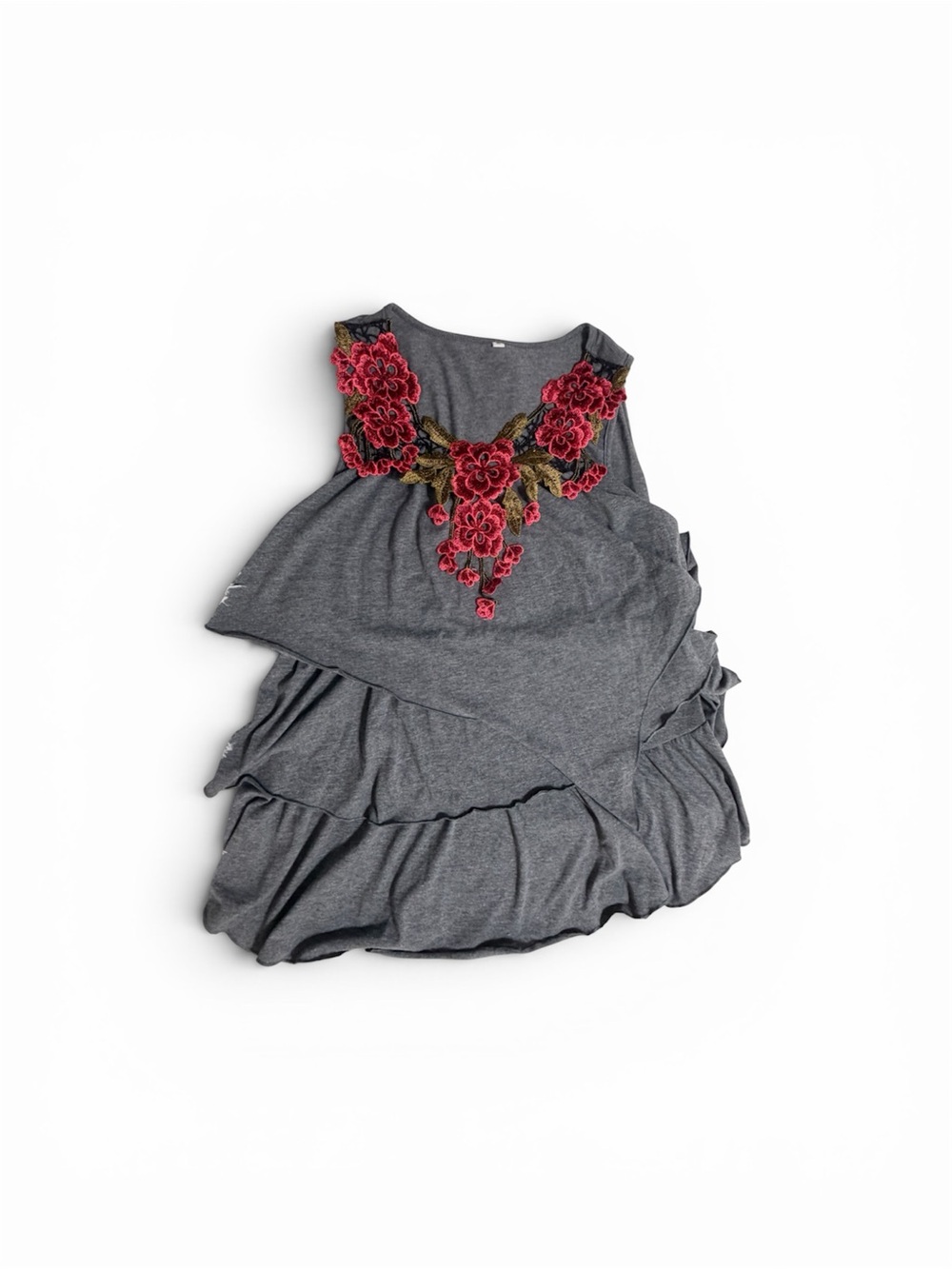 Women’s Gray Tank Top with Red Floral Appliqué